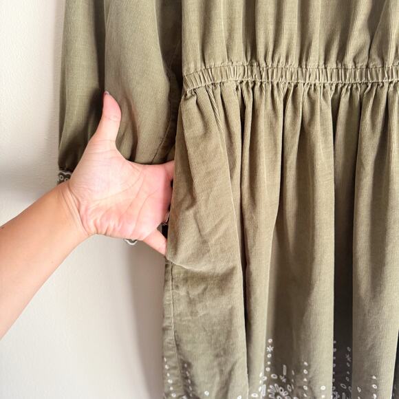 Madewell Green + White Embroidered Corduroy Square Neck Boho Mini Dress - Medium - Picture 4 of 11